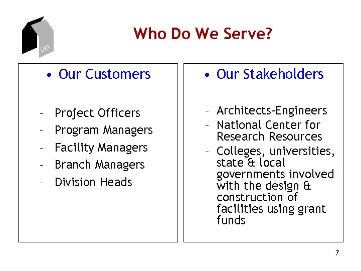 Who Do We Serve? ORF • Our Customers – – – Project Officers Program