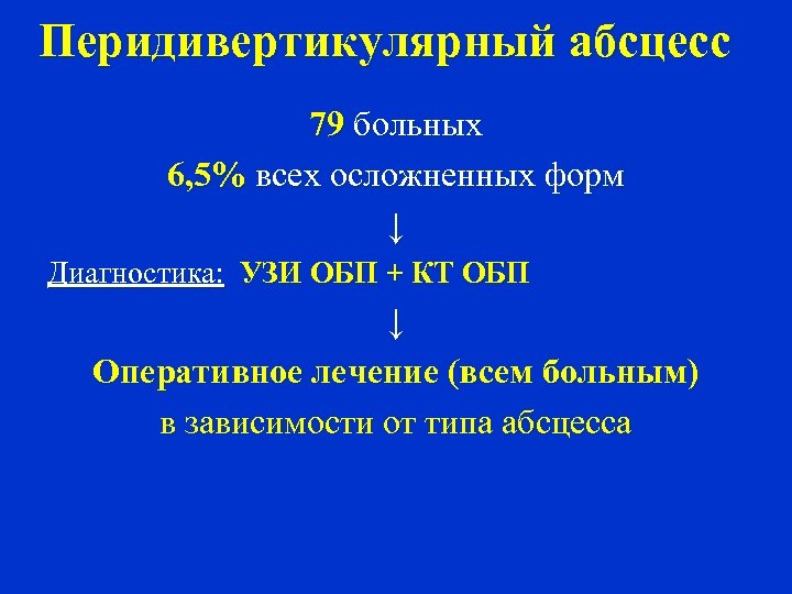 Перидивертикулярный абсцесс 79 больных 6, 5% всех осложненных форм ↓ Диагностика: УЗИ ОБП +