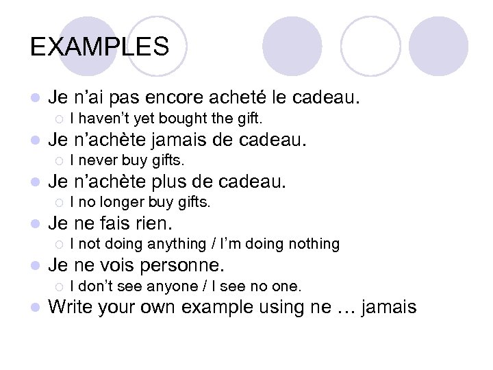 EXAMPLES l Je n’ai pas encore acheté le cadeau. ¡ l Je n’achète jamais