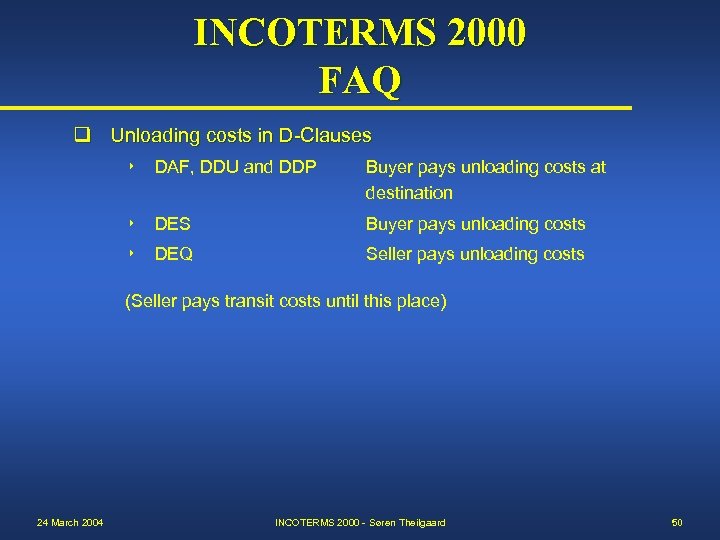 INCOTERMS 2000 FAQ q Unloading costs in D-Clauses 8 DAF, DDU and DDP Buyer