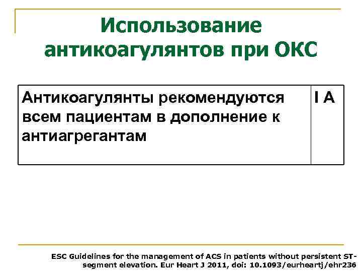 Использование антикоагулянтов при ОКС Антикоагулянты рекомендуются всем пациентам в дополнение к антиагрегантам I А