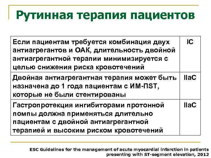 Рутинная терапия пациентов Если пациентам требуется комбинация двух IС антиагрегантов и ОАК, длительность двойной