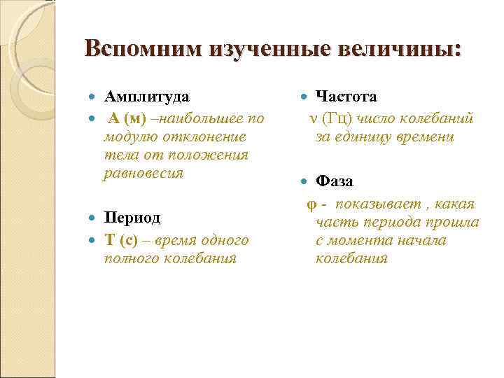 Вспомним изученные величины: Амплитуда А (м) –наибольшее по модулю отклонение тела от положения равновесия