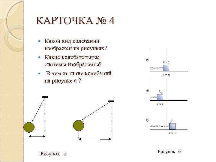 КАРТОЧКА № 4 Какой вид колебаний изображен на рисунках? Какие колебательные системы изображены? В