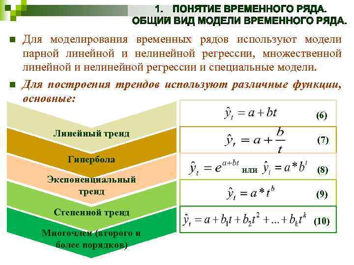 n n Для моделирования временных рядов используют модели парной линейной и нелинейной регрессии, множественной