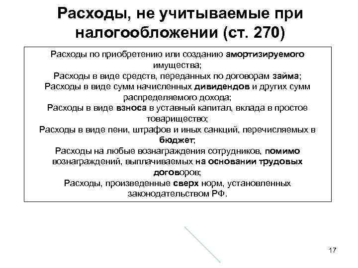 Расходы, не учитываемые при налогообложении (ст. 270) Расходы по приобретению или созданию амортизируемого имущества;