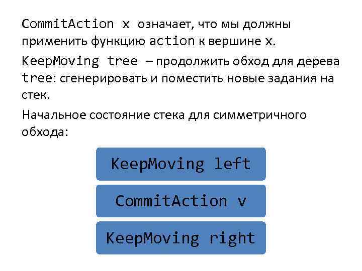 Commit. Action x означает, что мы должны применить функцию action к вершине x. Keep.