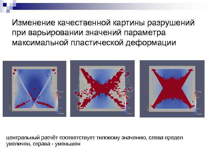 Изменение качественной картины разрушений при варьировании значений параметра максимальной пластической деформации центральный расчёт соответствует