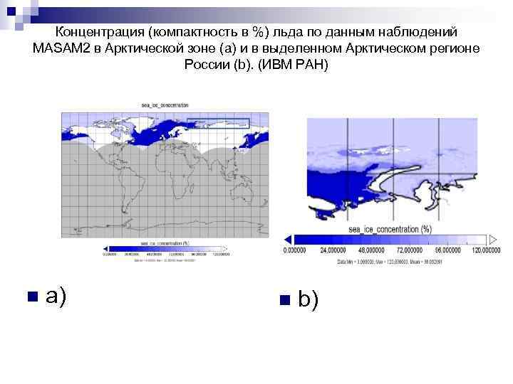 Концентрация (компактность в %) льда по данным наблюдений MASAM 2 в Арктической зоне (a)