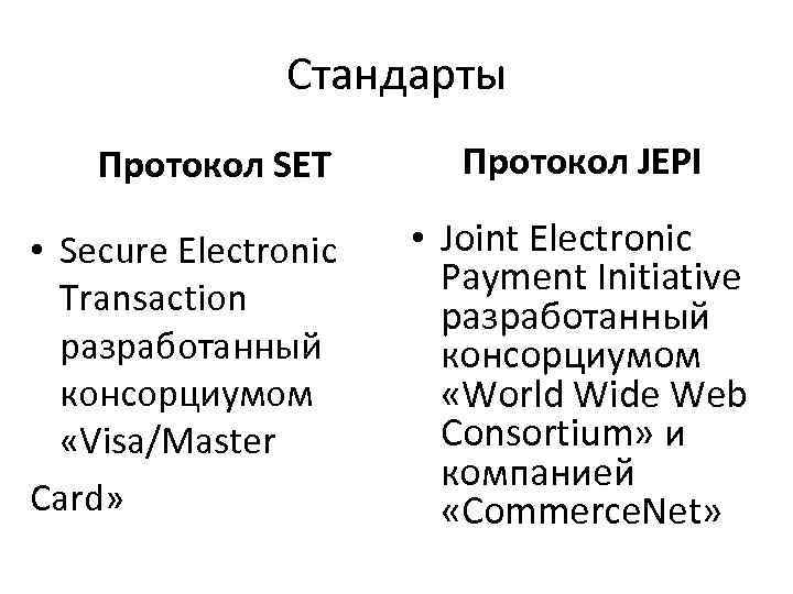 Стандарты Протокол SET • Secure Electronic Transaction разработанный консорциумом «Visa/Master Card» Протокол JEPI •