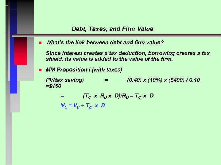 Debt, Taxes, and Firm Value n What’s the link between debt and firm value?