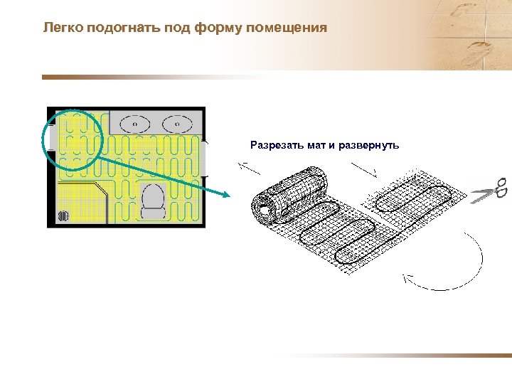 Легко подогнать под форму помещения Разрезать мат и развернуть 