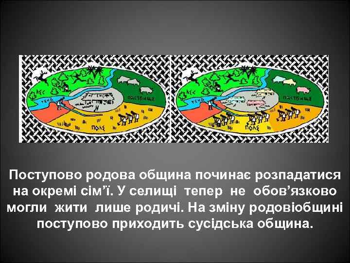 Поступово родова община починає розпадатися на окремі сім’ї. У селищі тепер не обов’язково могли