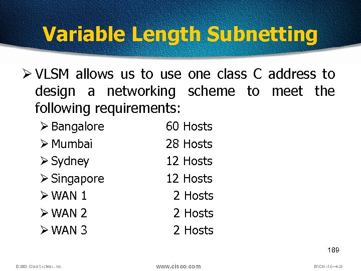 Variable Length Subnetting Ø VLSM allows us to use one class C address to