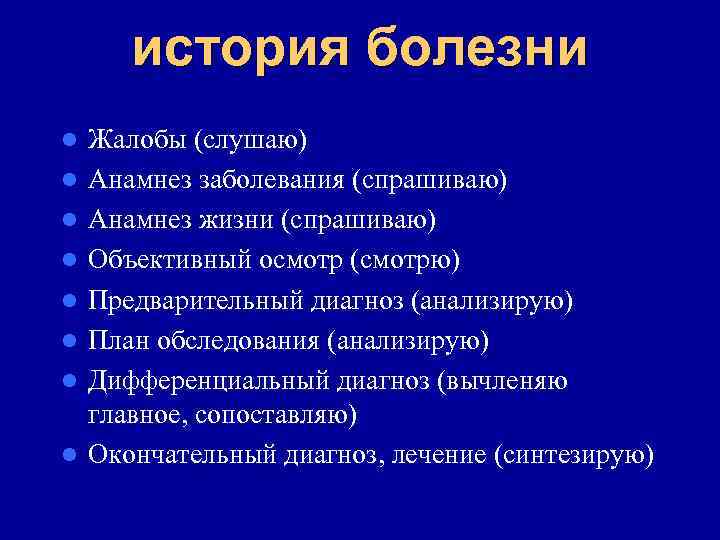 история болезни l l l l Жалобы (слушаю) Анамнез заболевания (спрашиваю) Анамнез жизни (спрашиваю)