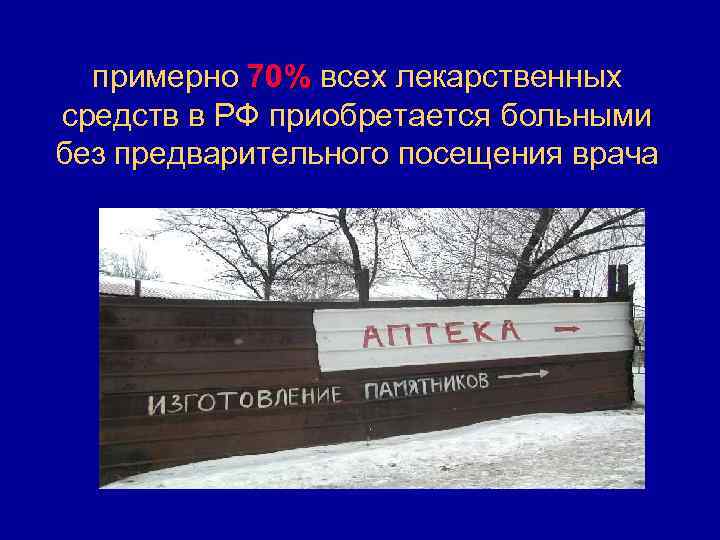 примерно 70% всех лекарственных средств в РФ приобретается больными без предварительного посещения врача 