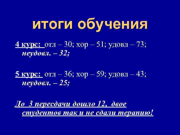 итоги обучения 4 курс: отл – 30; хор – 51; удовл – 73; неудовл.
