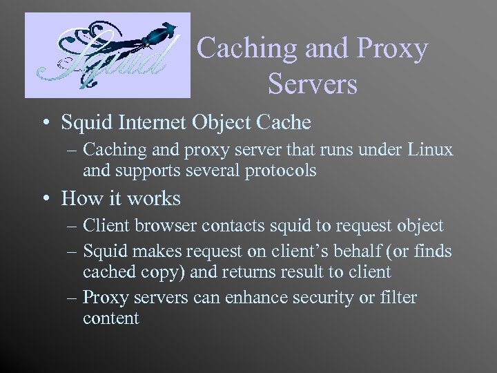 Caching and Proxy Servers • Squid Internet Object Cache – Caching and proxy server