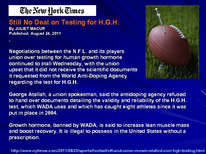 Still No Deal on Testing for H. G. H. By JULIET MACUR Published: August