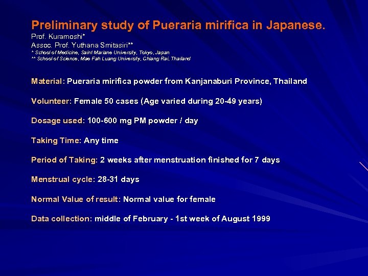 Preliminary study of Pueraria mirifica in Japanese. Prof. Kuramoshi* Assoc. Prof. Yuthana Smitasiri** *