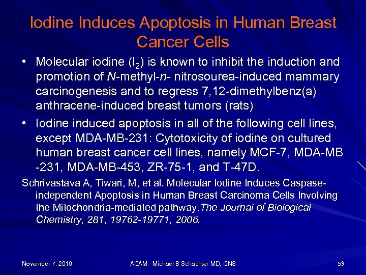 Iodine Induces Apoptosis in Human Breast Cancer Cells • Molecular iodine (I 2) is