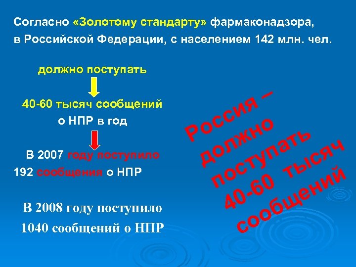 Согласно «Золотому стандарту» фармаконадзора, в Российской Федерации, с населением 142 млн. чел. должно поступать