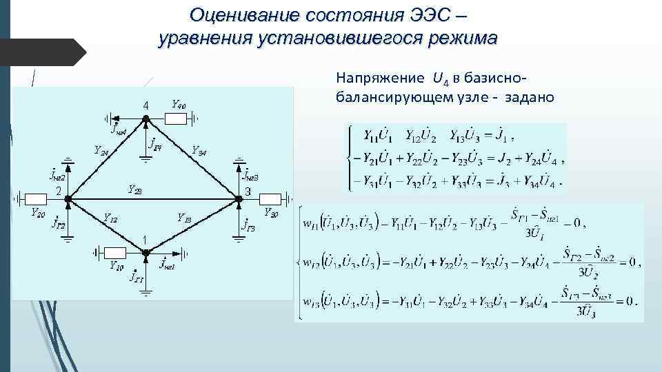 Оценивание состояния ЭЭС – уравнения установившегося режима Напряжение U 4 в базиснобалансирующем узле -