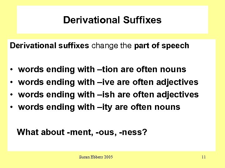 Derivational Suffixes Derivational suffixes change the part of speech • • words ending with