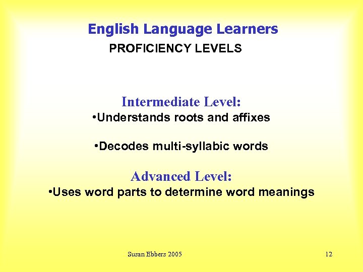English Language Learners PROFICIENCY LEVELS Intermediate Level: • Understands roots and affixes • Decodes