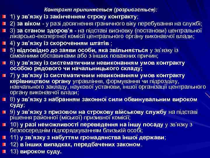 Контракт припиняється (розривається): 1) у зв’язку із закінченням строку контракту; 2) за віком -