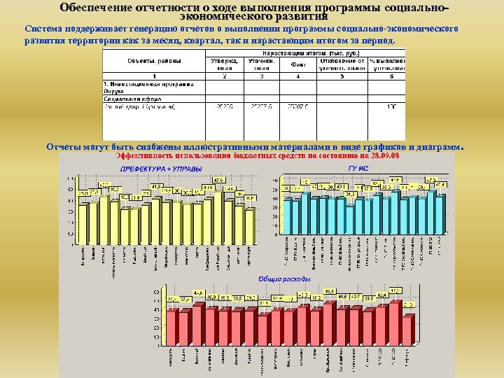 Обеспечение отчетности о ходе выполнения программы социальноэкономического развития Система поддерживает генерацию отчетов о выполнении