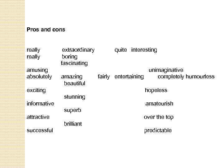 Pros and cons really extraordinary quite interesting really boring fascinating amusing unimaginative absolutely amazing