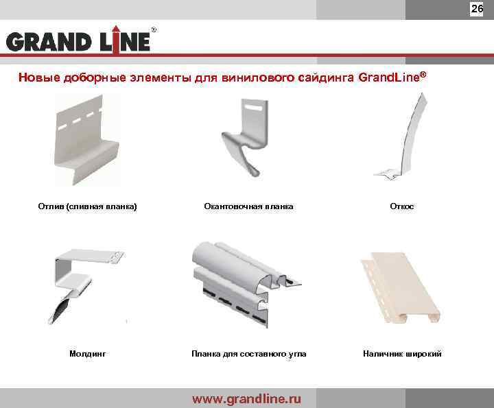 26 Новые доборные элементы для винилового сайдинга Grand. Line® Отлив (сливная планка) Окантовочная планка