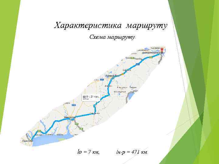 Характеристика маршруту Схема маршруту Маршрут «Миколаїв - Київ» lо = 7 км, lн-р =