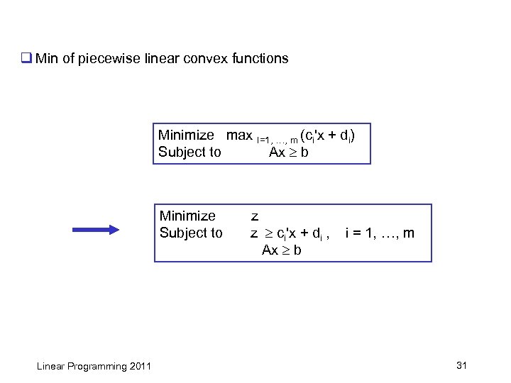 q Min of piecewise linear convex functions Minimize max I=1, …, m (ci'x +