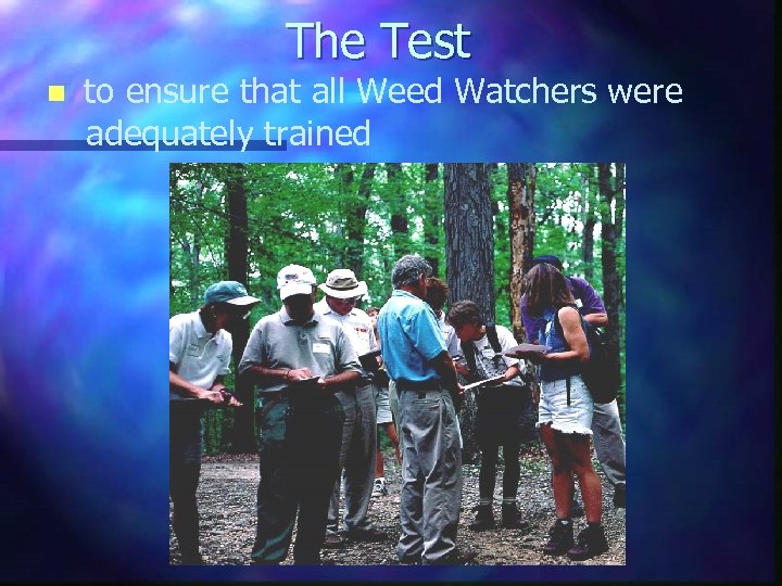 The Test n to ensure that all Weed Watchers were adequately trained 