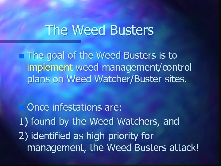 The Weed Busters n The goal of the Weed Busters is to implement weed