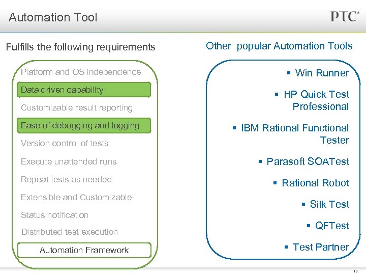 Automation Tool Fulfills the following requirements Platform and OS independence Data driven capability Customizable