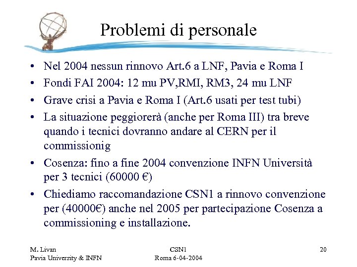 Problemi di personale • • Nel 2004 nessun rinnovo Art. 6 a LNF, Pavia