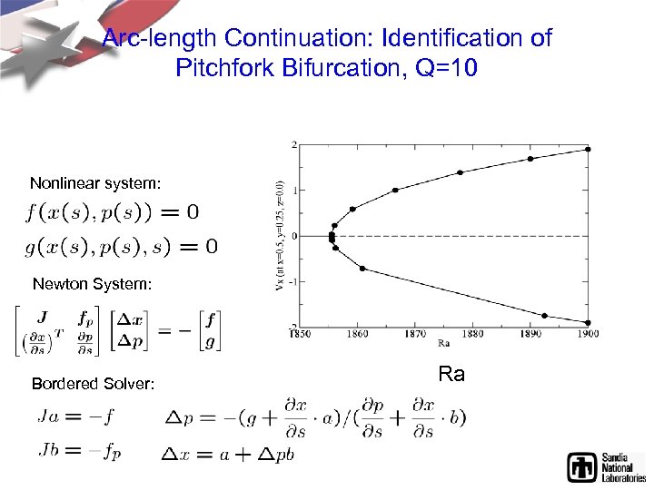 Arc-length Continuation: Identification of Pitchfork Bifurcation, Q=10 Nonlinear system: Newton System: Bordered Solver: Ra