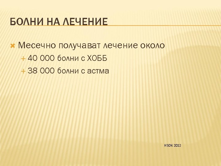 БОЛНИ НА ЛЕЧЕНИЕ Месечно получават лечение около 40 000 болни с ХОББ 38 000