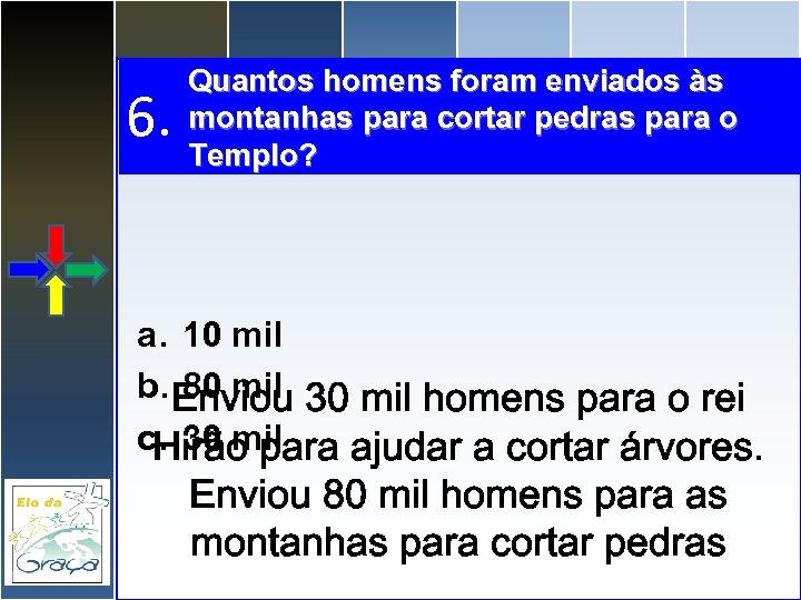 6. Quantos homens foram enviados às montanhas para cortar pedras para o Templo? a.