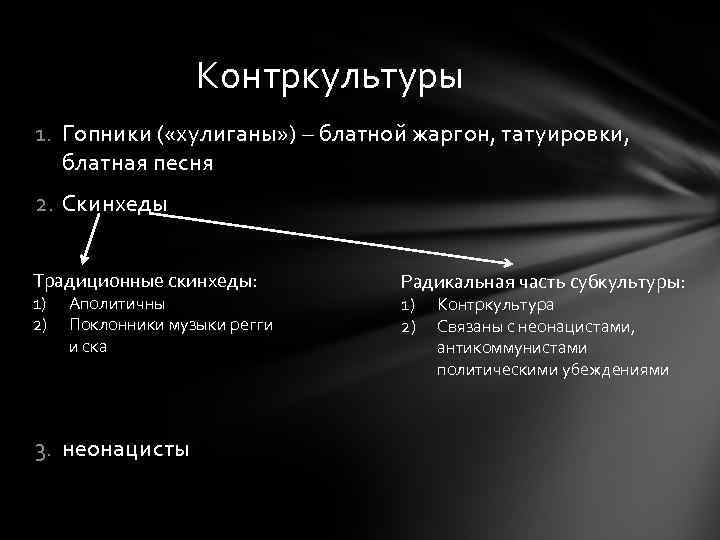 Контркультуры 1. Гопники ( «хулиганы» ) – блатной жаргон, татуировки, блатная песня 2. Скинхеды