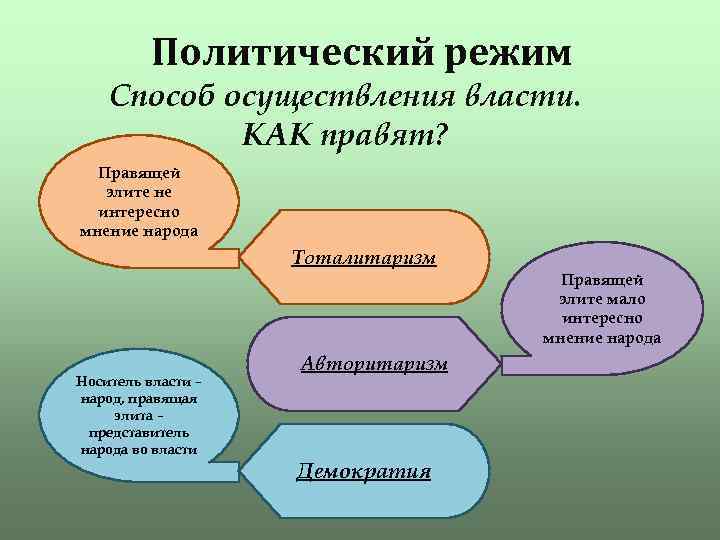 Политический режим Способ осуществления власти. КАК правят? Правящей элите не интересно мнение народа Тоталитаризм