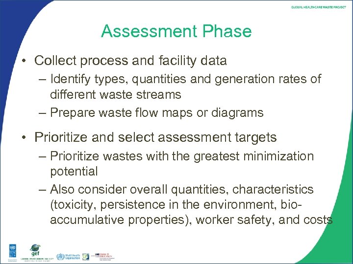 Assessment Phase • Collect process and facility data – Identify types, quantities and generation