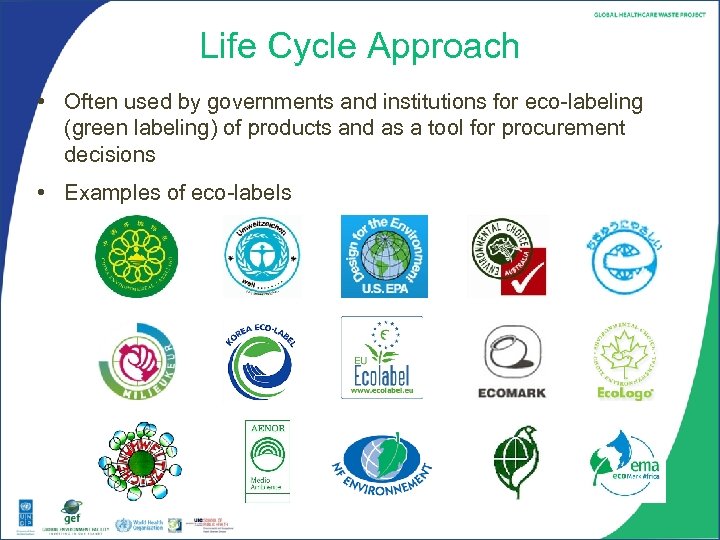 Life Cycle Approach • Often used by governments and institutions for eco-labeling (green labeling)