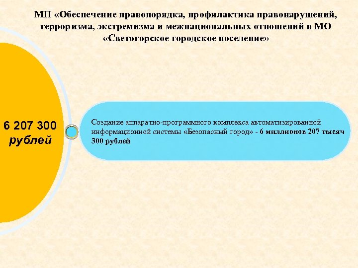 МП «Обеспечение правопорядка, профилактика правонарушений, терроризма, экстремизма и межнациональных отношений в МО «Светогорское городское
