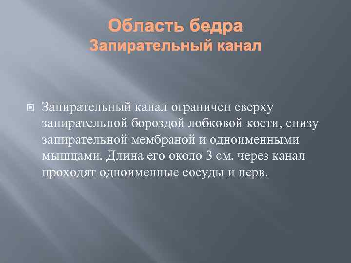 Область бедра Запирательный канал ограничен сверху запирательной бороздой лобковой кости, снизу запирательной мембраной и