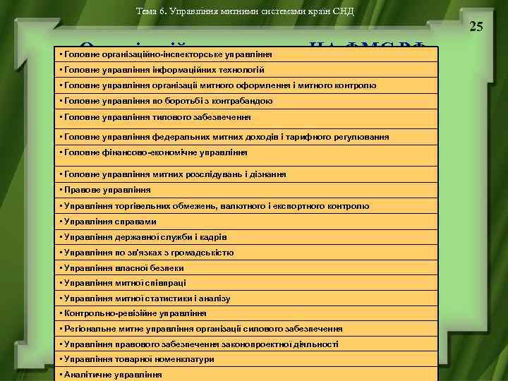 Тема 6. Управління митними системами країн СНД 25 Організаційна структура ЦА ФМС РФ •