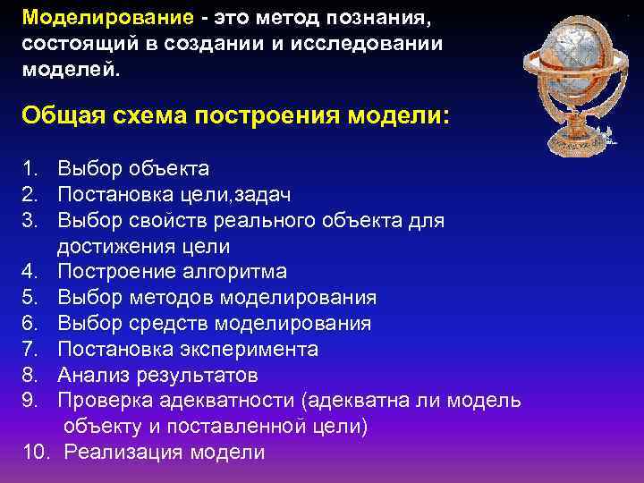 Моделирование - это метод познания, состоящий в создании и исследовании моделей. Общая схема построения